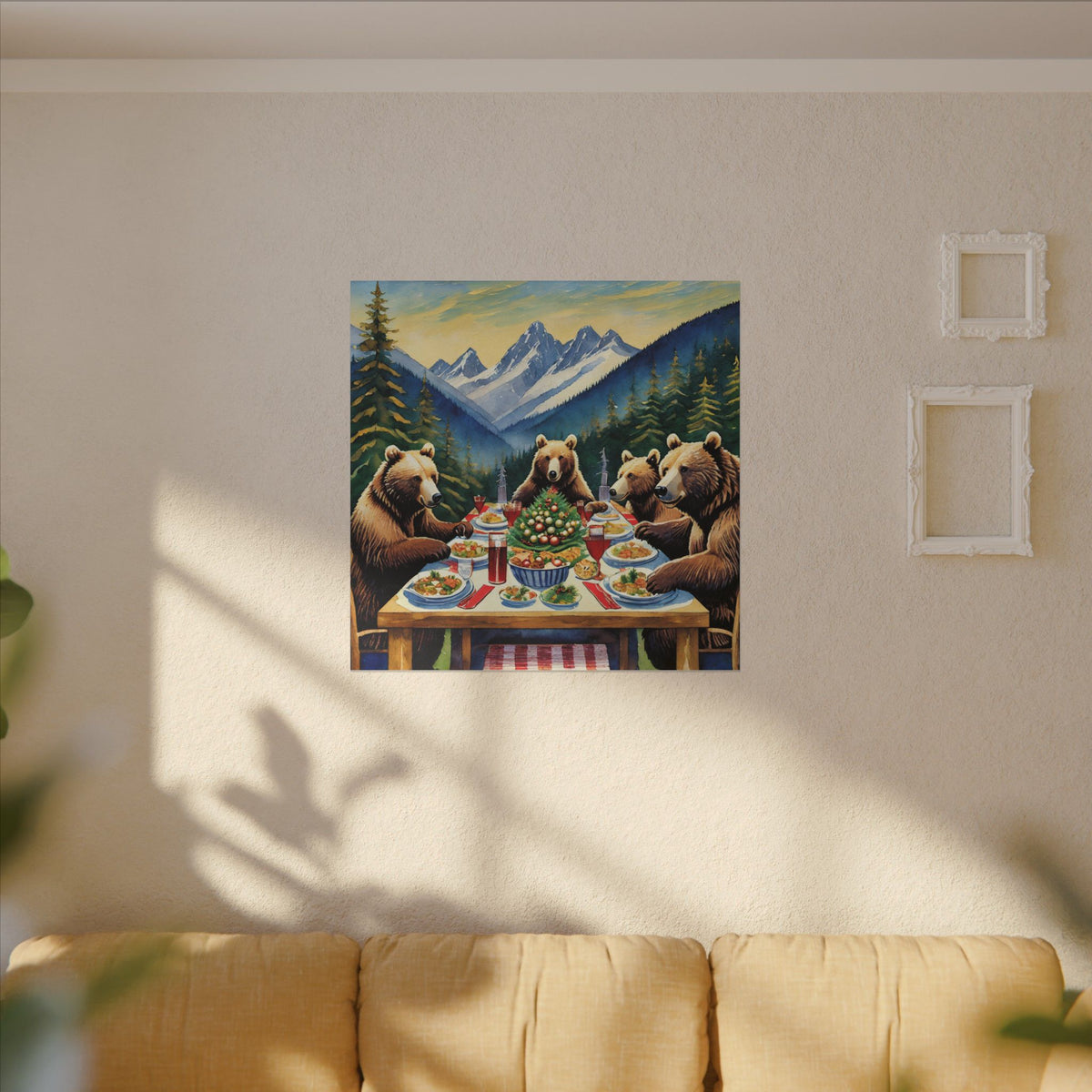 Bear Family Holiday Dinner Matte Canvas Print — Rustic Mountain Wall Art