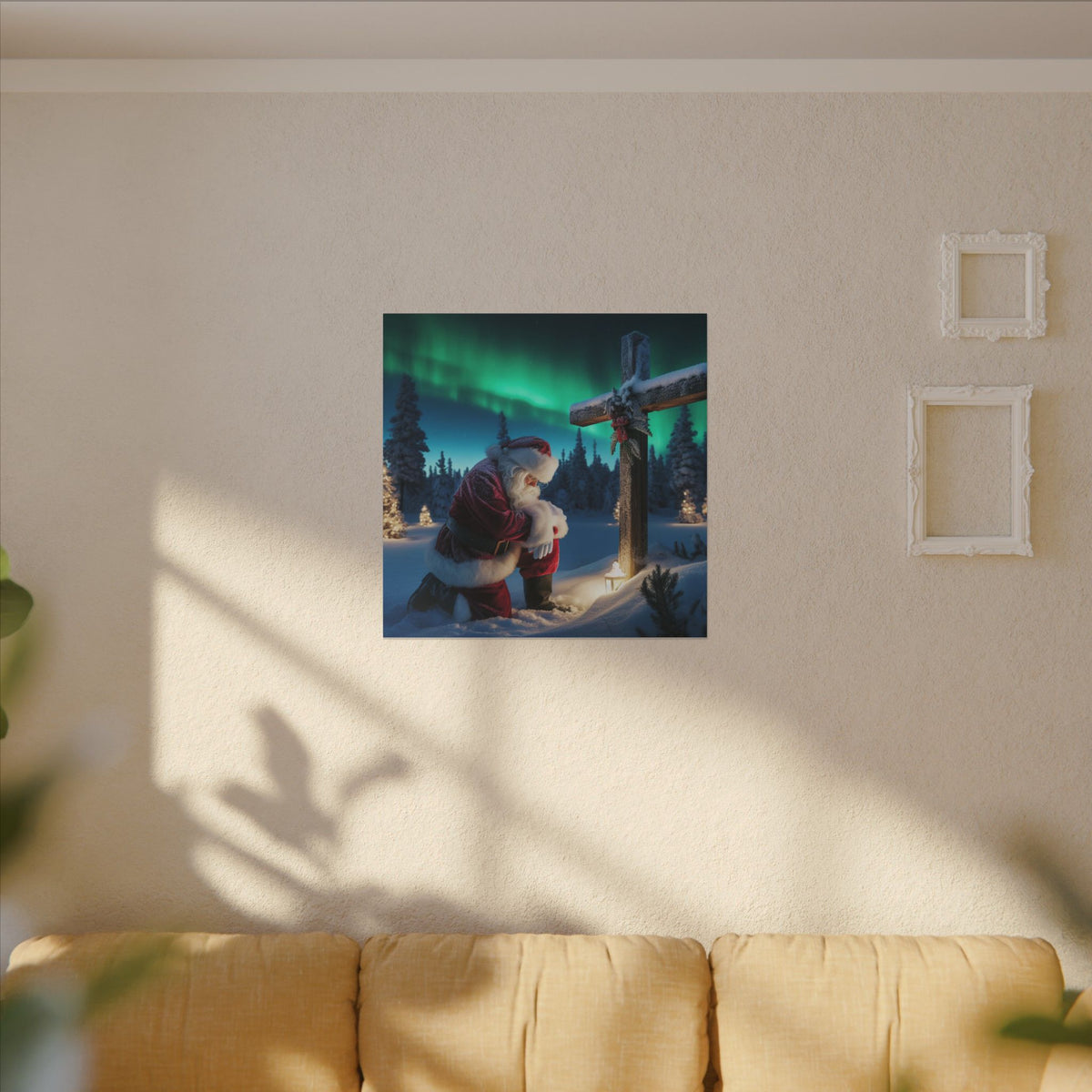 Northern Lights Santa Kneeling by Wooden Cross Canvas Wrap