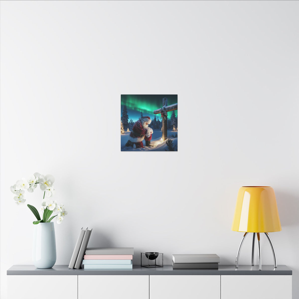 Northern Lights Santa Kneeling by Wooden Cross Canvas Wrap