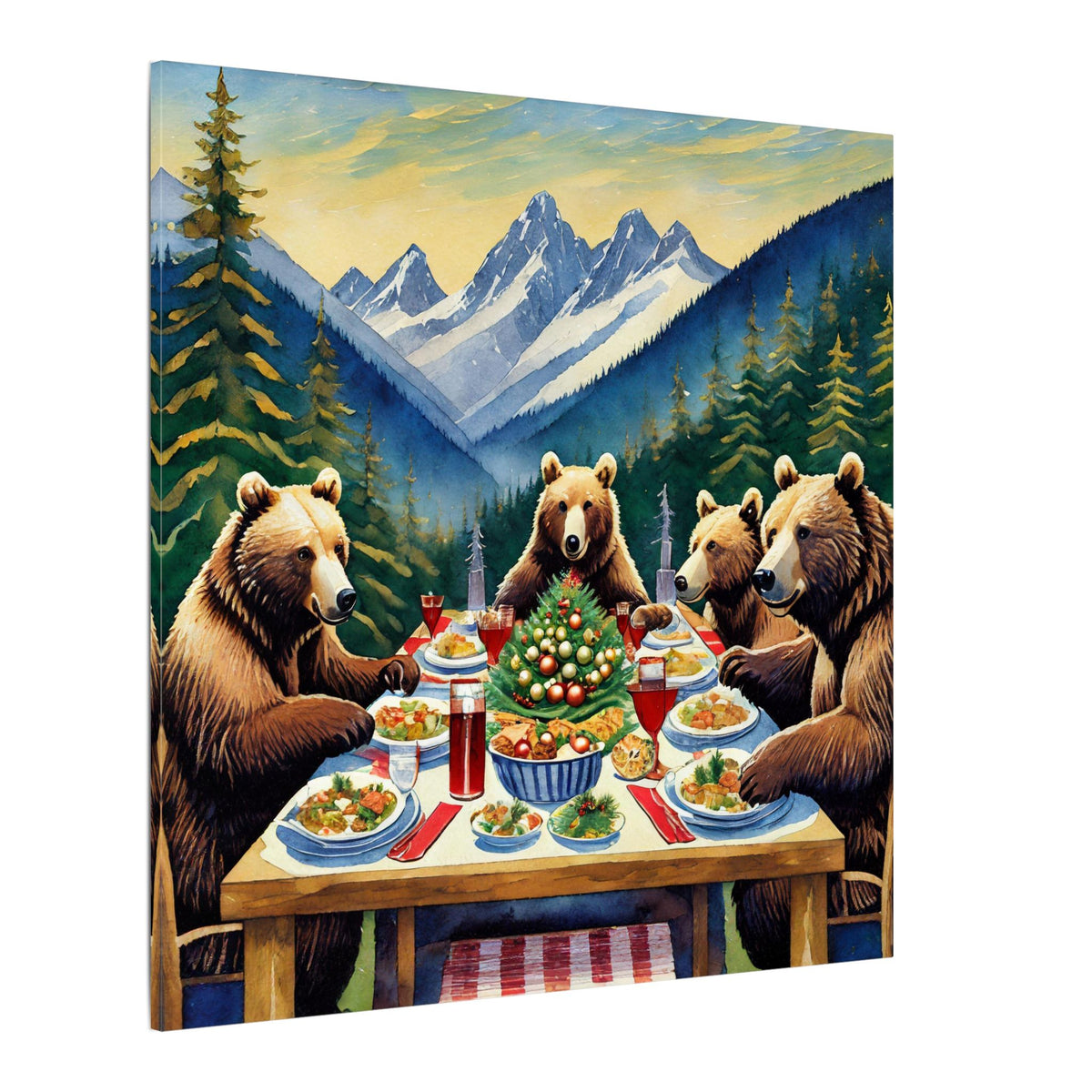 Bear Family Holiday Dinner Matte Canvas Print — Rustic Mountain Wall Art