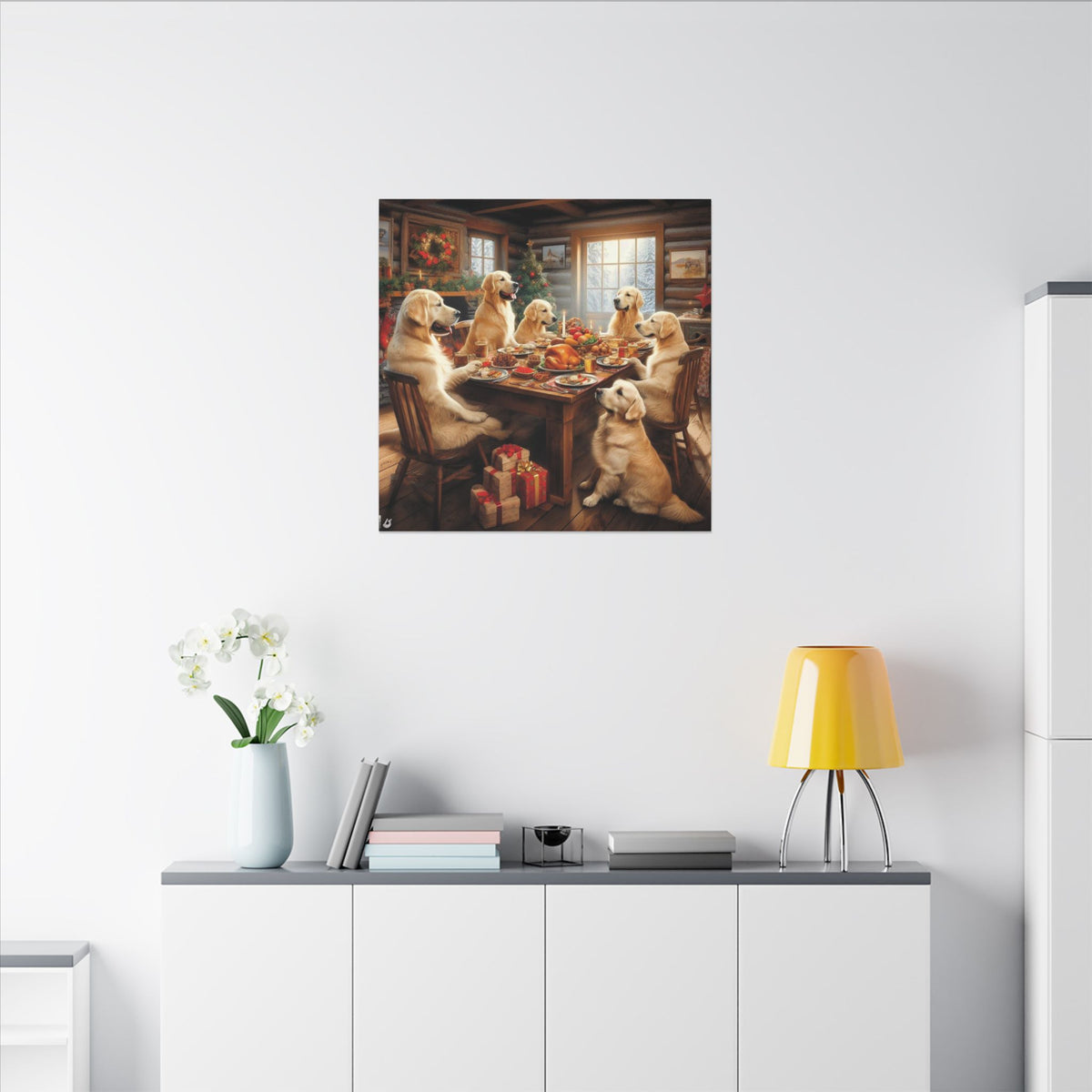 Golden Retrievers at Christmas Dinner Canvas Wrap