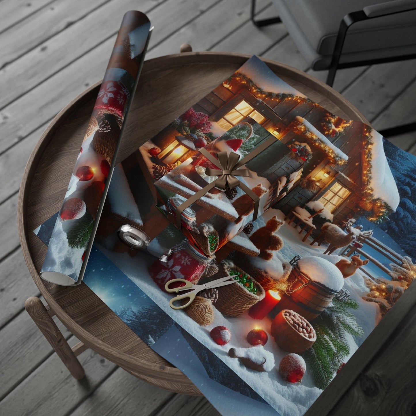 Christmas Cottage Wrapping Paper Roll — Cozy Winter Village Gift Wrap