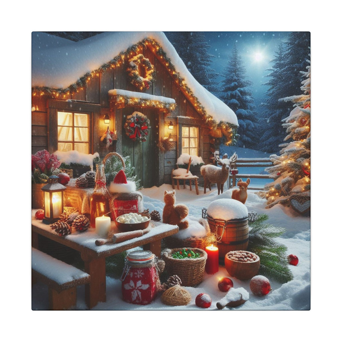 Cozy Snowy Cabin Christmas Matte Canvas Wall Art