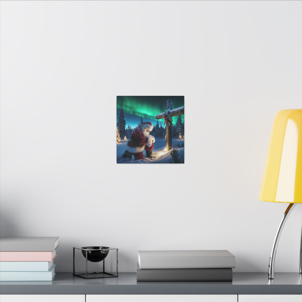 Northern Lights Santa Kneeling by Wooden Cross Canvas Wrap