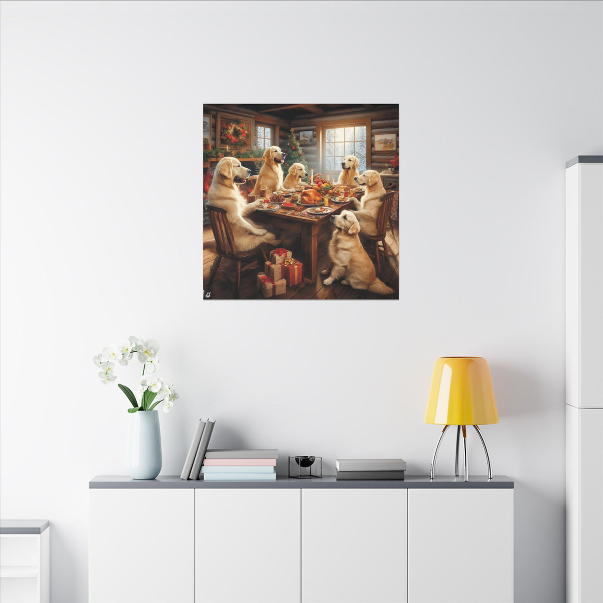 Golden Retrievers at Christmas Dinner Canvas Wrap