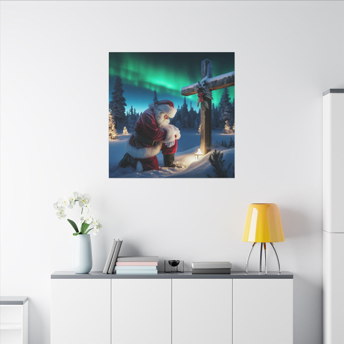 Northern Lights Santa Kneeling by Wooden Cross Canvas Wrap