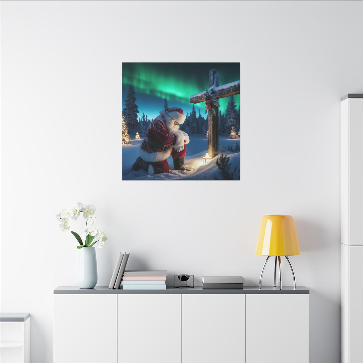 Northern Lights Santa Kneeling by Wooden Cross Canvas Wrap