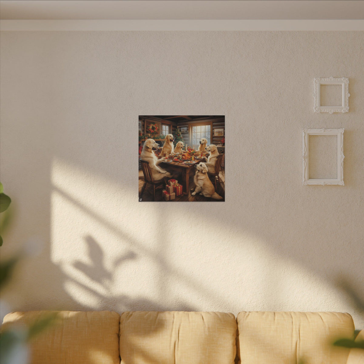 Golden Retrievers at Christmas Dinner Canvas Wrap