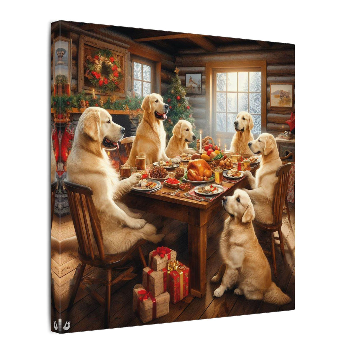Golden Retrievers at Christmas Dinner Canvas Wrap